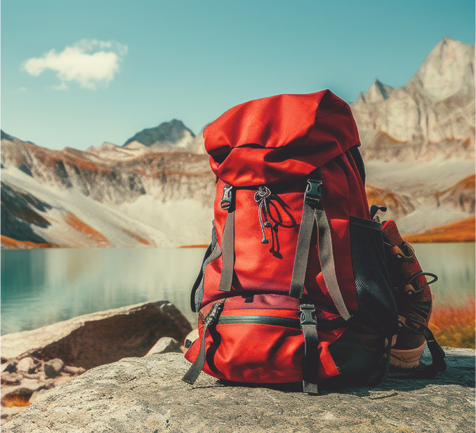 red backpack by lake